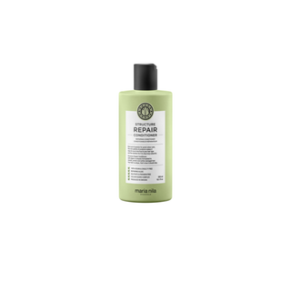 Green bottle of Maria Nila Structure Repair Conditioner on a white background