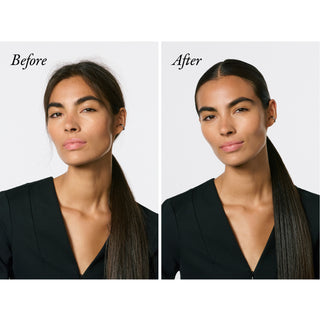 Before and after comparison of a woman with long hair, wearing a black top against a white background.